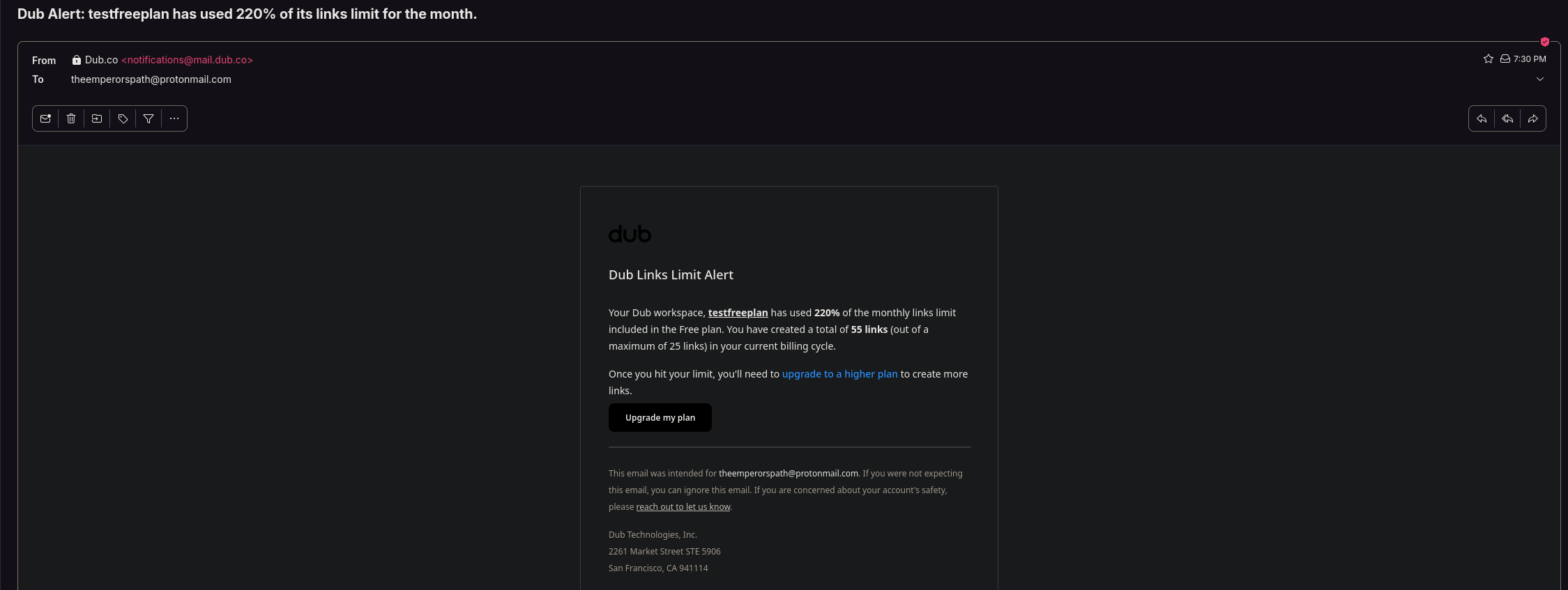 Dub usage-limit email showing the affected workspace at 220% of its monthly link quota after the race-condition PoC ran.